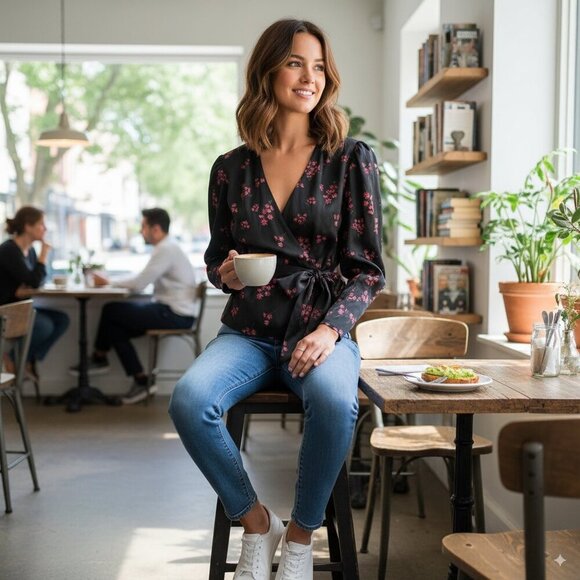 Keepsake Infinity Long Sleeve Wrap Blouse Top with tie Black Ditsy Size L NWT - Picture 1 of 9